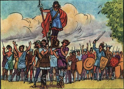 Clovis (král franků v letech 481 až 511) byl zvolen králem Saliany, kteří ho při prohlídce tábora nosili na hradbě (štítu). Anonymní ilustrace v “” Collection des souverains et chefs d