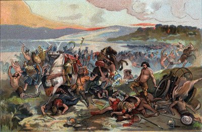 Conquete of Gaul: bitva u Presles v roce 60 př. n. l. proti lidu Nervians vedenému Boduognatem proti římské armádě Julese Cesara. Reklamní chromolitografie čokolád Antoine v Bruselu, počátek 20. století. Soukromá sbírka od Anonymous Anonymous