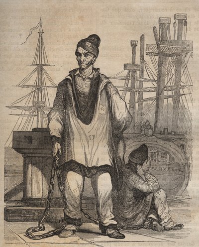 Odsouzení na věčné časy v Rochefort Bagne v 19. století. Rytina do „Historie věznic od jejich vzniku až po současnost“ (1877) od Pierra Zacconeho (1817-1895) (Colonia Penale - Trestná kolonie) od Anonymous Anonymous