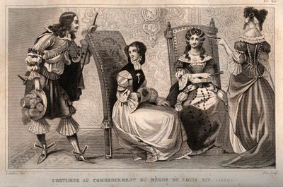 Kostýmy na počátku vlády Ludvíka XIV. (1650). Rytina z roku 1859 v „“ Le Monde. Dějiny všech národů od nejvzdálenějších dob až po současnost“. od M. E. de Lostalot-Bachoue (Lostalot Bachoue). Soukromá sbírka. od Anonymous Anonymous