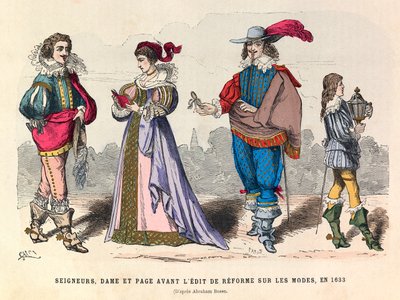Kostýmy pánů, dámy a pážete před úpravou reformy módy v Paříži v roce 1633 - soukromá sbírka od Anonymous Anonymous