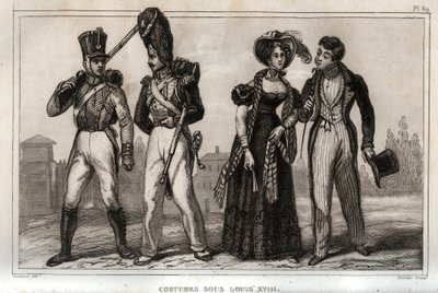 Kostýmy za Ludvíka XVIII. Rytina z roku 1859 v „“ Le Monde. Dějiny všech národů od nejvzdálenějších dob až po současnost“. od M. E. de Lostalot-Bachoue (Lostalot Bachoue). Soukromá sbírka. od Anonymous Anonymous