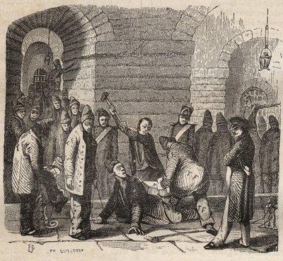 Spojka u Rochefort bagne v 19. století. Rytina do „Historie trestanců od jejich vzniku po současnost“ (1877) od Pierra Zacconeho (1817-1895) (Colonia Penale - Trestná kolonie). Soukromá sbírka. od Anonymous Anonymous