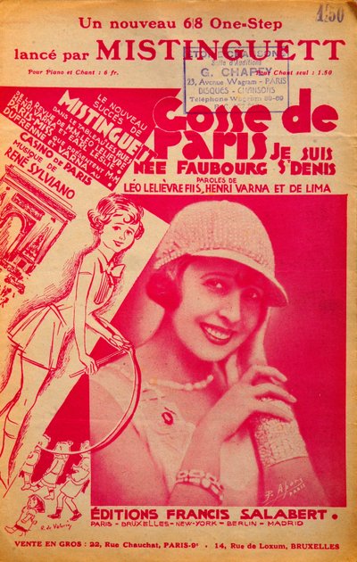 Obal partitury „Gosse de Paris““ zpívaný Mistinguett (Mistinguette) (1875 - 1956), francouzský zpěvák od Anonymous Anonymous