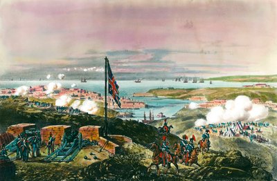 Krymská válka (1853-1856) mezi Ruskem a Osmanskou říší: Francouzi a Britové se spojili s Turky, aby od 17. října 1854 do 8. září 1855 obléhali ruský přístav Sebastopol. Pohled z anglické fronty. Rytina 19. století. Priva od Anonymous Anonymous