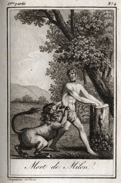 Smrt Milona de Crotone (Milo of Croton), kterou pohltil vlk. Rytina z roku 1819 v „Lettres a Emilie sur la mythologie“ od Charlese Alberta Demoustiera (1760-1801). Soukromá sbírka. od Anonymous Anonymous