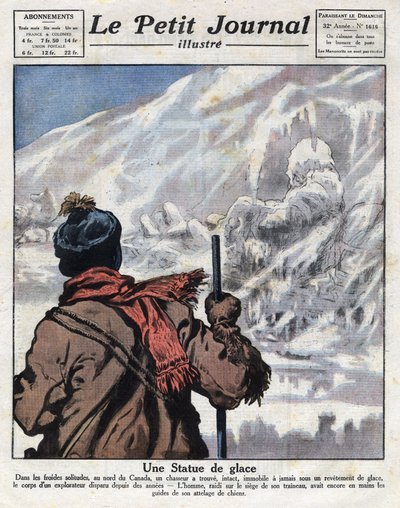 Objeven z těla průzkumníka v ledu Kanady, zmizel na léta. Ilustrace převzata z „“Le petit journal““ z 12.11.1921 Collection privee od Anonymous Anonymous