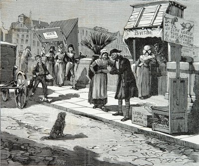 Vyžínače psů na mostě devět v Paříži kolem roku 1796, rytina, soukromá sbírka od Anonymous Anonymous