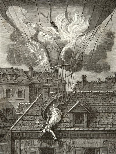 Dramatická smrt Madame Sophie Blanchard (1778-1819), aeronaut 6. července 1819 nad zahradami Tivoli v Paříži, Rytina, soukromá sbírka od Anonymous Anonymous