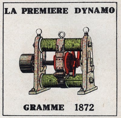Dynamo: první dynamo vynalezené Zenobe Theophilem Gramem (1826-1901) v roce 1872. Anonymní ilustrace z roku 1925. Soukromá sbírka. od Anonymous Anonymous