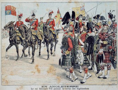 Edward VII (1841-1910) anglický král recenzuje ilustraci Scottish Highlanders ze slavné přílohy „Little Diary“ 1905 Private Collection od Anonymous Anonymous