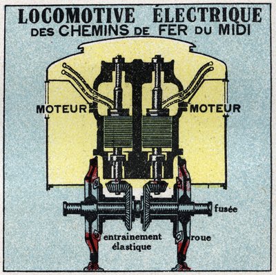 Elektrické dráhy: průřez motorem elektrické lokomotivy Jižní dráhy. Anonymní ilustrace z roku 1925. Soukromá sbírka. od Anonymous Anonymous