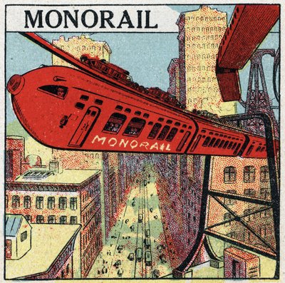 Elektrické dráhy: projekt jednokolejky obíhající ve městě. Anonymní ilustrace z roku 1925. Soukromá sbírka. od Anonymous Anonymous