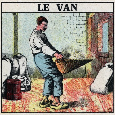 Elektrické nářadí: dodávka nebo proutěný koš používaný k utírání obilí před vynálezem elektrických strojů. Anonymní ilustrace z roku 1925. Soukromá sbírka. od Anonymous Anonymous