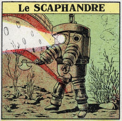 Elektrické nářadí: skafandru na dně vody pomocí světelného projektoru k postupu. Anonymní ilustrace z roku 1925. Soukromá sbírka. od Anonymous Anonymous