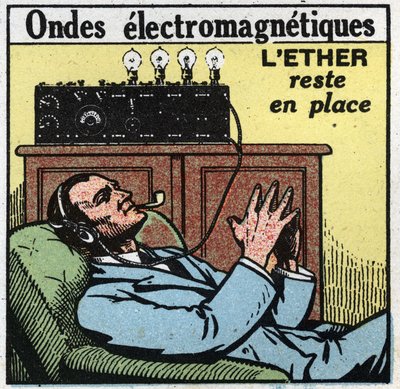 Elektrické jevy: pokud éter zůstává na místě, vibrační pohyb dává elektromagnetickým vlnám používaným v T.S.F. Anonymní ilustrace z roku 1925. Soukromá sbírka. od Anonymous Anonymous