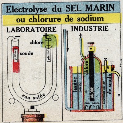 Elektrochemie: elektrolýza mořské soli nebo chloridu sodného. Anonymní ilustrace z roku 1925. Soukromá sbírka. od Anonymous Anonymous