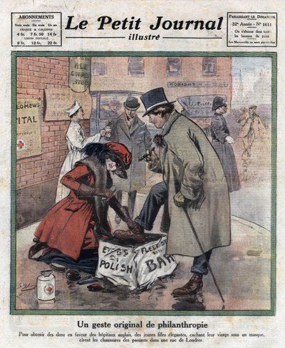 Elegantní mladé dívky s tváří skrytou za maskou voskují boty londýnským kolemjdoucím, aby získaly peníze pro anglické nemocnice. Ilustrace převzata z „Le petit journal illustrious“““ z 11.6.1921. Soukromá sbírka od Anonymous Anonymous