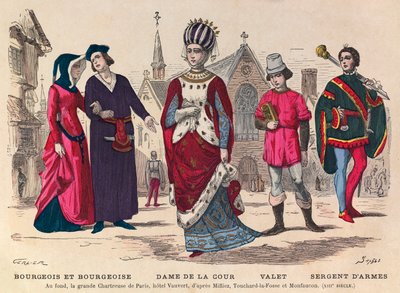 Rytina - Bourgeois et bourgeoise, Dvorní dáma, komorník, seržant v Paříži ve 13. století (v pozadí la grande Chatreuse de Paris, hotel Vauvert) - Dvorní kostýmy ve Francii ve 13. století - soukromá sbírka od Anonymous Anonymous