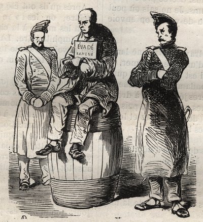 Výstava nuceného útěku (Evade se vrátila) ve věznici v Toulonu v 19. století. Rytina do „Historie trestanců od jejich vzniku až po současnost“ (1877) od Pierra Zacconeho (1817-1895) (Colonia Penale - Trestná kolonie). Soukromá sbírka. od Anonymous Anonymous