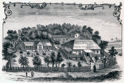 Vnější pohled na faru a školu Hell Ville (Hell-Ville) (Andoany), hlavního města ostrova Nosy Be na Madagaskaru. Rytina do „Les Missions Catholiques au XIXeme Siecle““ od Louis-Eugene (Louis Eugene) Louvet. soukromá sbírka. od Anonymous Anonymous