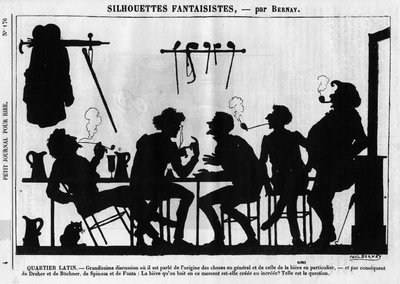 Fantastické siluety od Bernaye. Karikatura o pařížských intelektuálech: „“ Latinská čtvrť. Skvělá diskuse, kde se mluví o původu věcí obecně a piva konkrétně...“ Rytina v „“ Petity Journal pour Rire““ od Anonymous Anonymous