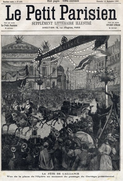 Svátek francouzsko-ruské aliance (francouzsko-ruský): pohled na náměstí Opery při průchodu prezidentského průvodu Felixe Faureho (1841-1899). V „“Le Petit Parisien““ dne 12.09.1897. Soukromá sbírka od Anonymous Anonymous