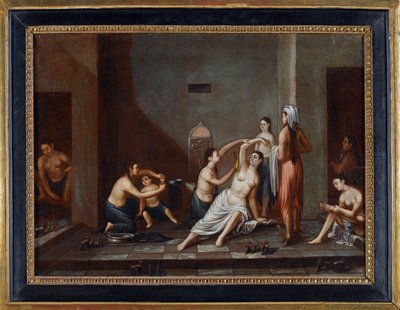 ""Ženy v hammamu se navzájem myjí"" (Ladies in the Hammam) Anonymní obraz 1741 - Olej na plátně, 39x53 - Soukromá sbírka od Anonymous Anonymous