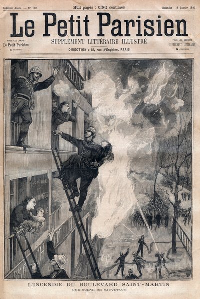 Fireman of Paris: záchranná scéna při požáru Boulevard Saint-Martin. Rytina „Le petit Parisien““ z roku 1891. Soukromá sbírka. od Anonymous Anonymous