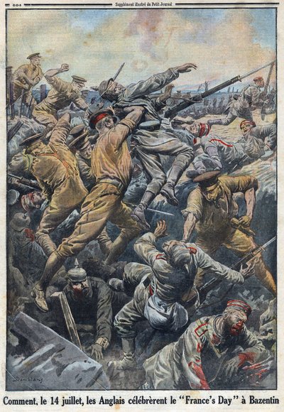První světová válka 1914-1918 (válka 14-18). Bitva o Krétu Bazentin 13. a 14. července 1916, kde se Angličané postavili německé armádě. V „“Le Petite Journal“ dne 6.8.1916. Soukromá sbírka od Anonymous Anonymous