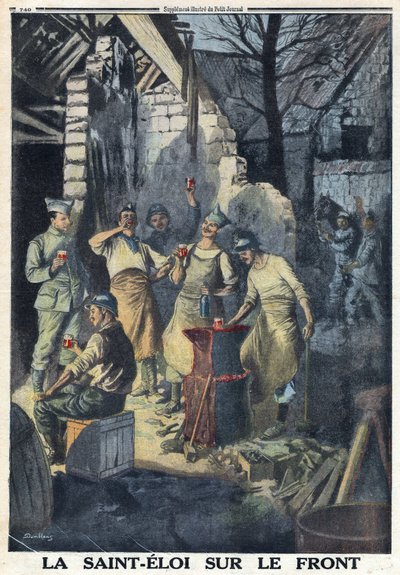 První světová válka 1914-1918 (válka 14-18). Oslava svatého Eloi (Saint-Eloi) vojáků na frontě. Všichni si na oslavu vypijí sklenku červeného vína. V „“ Le Petite Journal“, dne 3.12.1916. Soukromá sbírka od Anonymous Anonymous