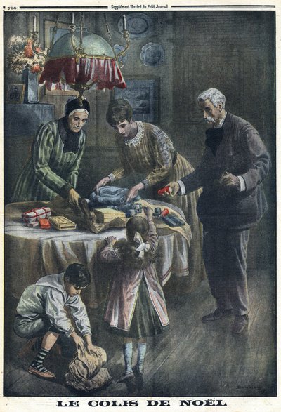 První světová válka 1914-1918 (válka 14-18). Vánoční dárek: Děti dostávají a rozbalují balíčky, které dostaly od otce na Štědrý den na bojišti. V “”Le Petite Journal””, dne 24.12.1916. Soukromá sbírka od Anonymous Anonymous