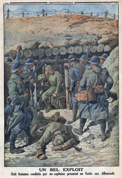 První světová válka 1914-1918 (válka 14-18). Osm vojáků francouzské armády v čele s kapitánem vzalo Němcům pevnost. V „“ Le Petité Journal“, dne 3.9.1916. Soukromá sbírka od Anonymous Anonymous