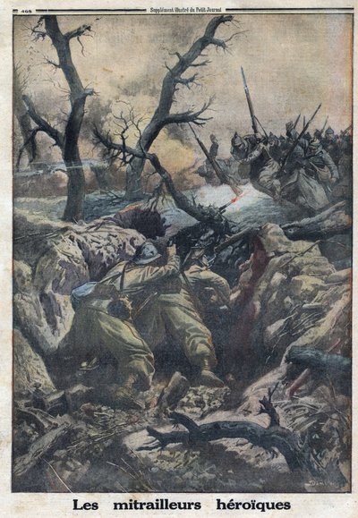 První světová válka 1914-1918 (válka 14-18). Francouzští kulometníci stříleli na útočící německou armádu. V „“Le Petite Journal“ dne 9.4.1916. Soukromá sbírka od Anonymous Anonymous