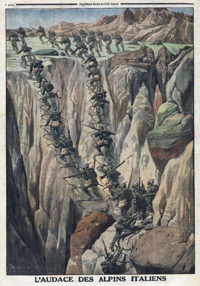 První světová válka 1914-1918 (válka 14-18). Italští vojáci vyšplhají na vrchol Cauriol ve Fiemmských Alpách v Itálii. V „“ Le Petite Journal“, 8. října od Anonymous Anonymous