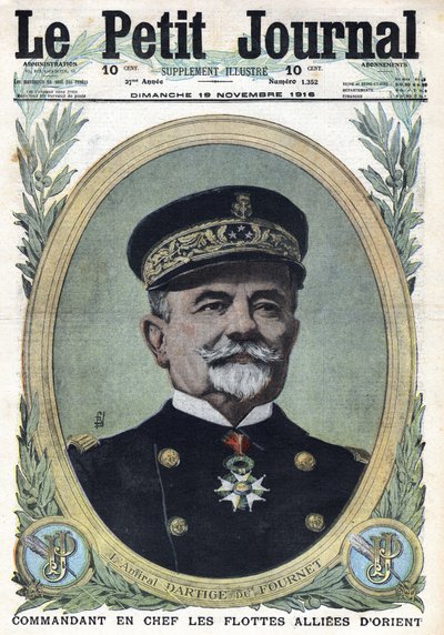 První světová válka 1914-1918 (válka 14-18). Portrét admirála Dartige du Fournet, vrchního velitele spojeneckých flotil Orientu. V „“Le Petite Journal“ dne 19.11.1916. Soukromá sbírka od Anonymous Anonymous