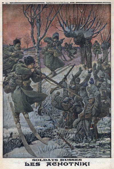 První světová válka 1914-1918 (válka 14-18). Ruští vojáci Ahotniki na lyžích střílí německé vojáky. V „“Le Petite Journal“ dne 23.01.1916. Soukromá sbírka od Anonymous Anonymous