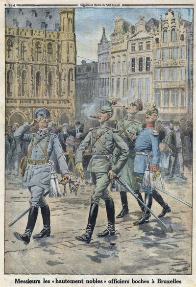 První světová válka 1914-1918 (válka 14-18). Němečtí důstojníci v Bruselu reprezentováni jako „vysoce ušlechtilí boches“. V „“Le Petite Journal“ dne 28.5.1916. Soukromá sbírka od Anonymous Anonymous