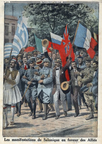 První světová válka 1914-1918 (válka 14-18). Protesty v Soluni (nebo Thessaloniki v Řecku) ve prospěch spojenců. V „“Le Petite Journal“ dne 24.09.1916. Soukromá sbírka od Anonymous Anonymous