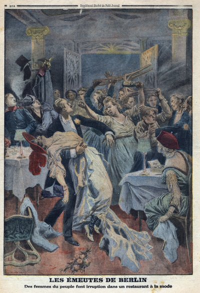 První světová válka 1914-1918 (válka 14-18). Ženy z lidu vtrhnou do módní restaurace a požadují návrat svých manželů. V „“Le Petite Journal“ dne 16.01.1916. Soukromá sbírka od Anonymous Anonymous