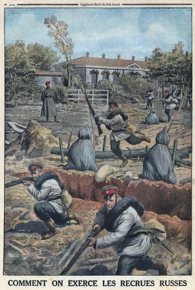 První světová válka 1914-1918 (válka 14-18). Výcvik mladých vojáků naverbovaných ruskou armádou. V „“Le Petite Journal“ dne 30.4.1916. Soukromá sbírka od Anonymous Anonymous