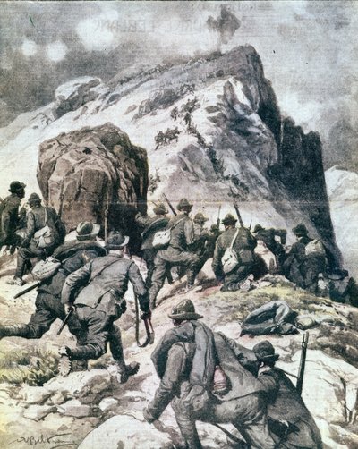 První světová válka: „“ Italští alpští lovci (alpini nebo alpini) šplhající na vrchol Cauriol, italské Alpy““ 1916 Ilustrace z „La domenica del corriere““ od Anonymous Anonymous