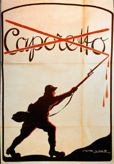 První světová válka: plakát vydaný u příležitosti porážky Caporetta (neboli bitvy u Karfreitu) na konci října 1917 představující vojáka italské armády, který si ze špičky baonety sundal jméno „Caporetto“. Ilustrátor není ident od Anonymous Anonymous