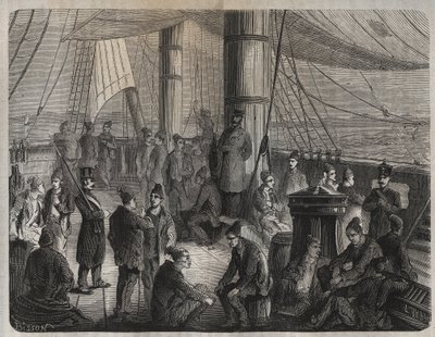 První konvoj sil z Toulonu do Cayenne (Guyana) podle dekretu z 8. prosince 1851. Rytina do „Historie odsouzených od jejich vzniku až po současnost““ (1877) od Pierra Zacconeho (1817-1895) (Colonia Penale - Penal kolonie). Soukromá sbírka. od Anonymous Anonymous
