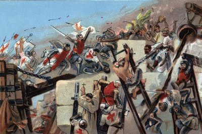 První křížová výprava (1096-1099): dobytí Jeruzaléma cestami vedenými Godefroyem (Godefroi) z Bouillonu (1061-1100) 15. července 1099. Reklamní chromolitografie čokolád Antoine v Bruselu, počátek 20. století. Soukromá sbírka od Anonymous Anonymous