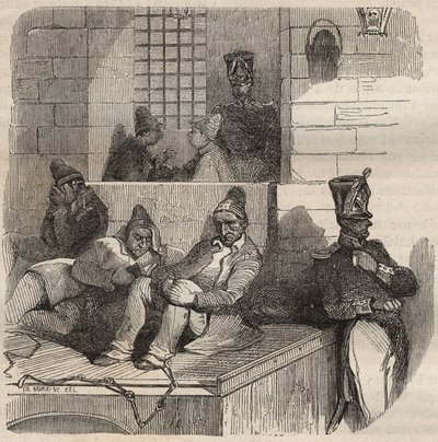 Nucený k odpočinku ve věznici Rochefort v 19. století. Rytina do „Historie věznic od jejich vzniku po současnost““ (1877) od Pierra Zacconeho (1817-1895) (Colonia Penale - Trestná kolonie) od Anonymous Anonymous