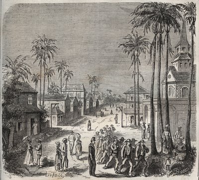 Forcats šel pracovat do věznice Saint-Laurent (Saint-Laurent) v Cayenne (Francouzská Guyana) v 19. století. Rytina do „Historie věznic od jejich vzniku po současnost““ (1877) od Pierra Zacconeho (1817-1895) (Colonia Penale - Trestná kolonie) od Anonymous Anonymous