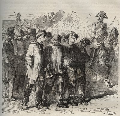 Odsouzení v pochodu u bagne de Rochefort v 19. století. Rytina do „Historie trestanců od jejich vzniku až po současnost“ (1877) od Pierra Zacconeho (1817-1895) (Colonia Penale - Trestná kolonie). Soukromá sbírka. od Anonymous Anonymous