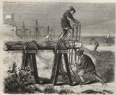 Forcats saweurs z věznice Saint-Laurent (Saint-Laurent) v Cayenne (Francouzská Guyana) v 19. století. Rytina do „Historie trestanců od jejich vzniku až po současnost“ (1877) od Pierra Zacconeho (1817-1895) (Colonia Penale - Trestná kolonie). Soukromé c od Anonymous Anonymous