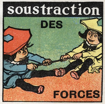 Síly: odečítání sil. Dvě děti táhnou za lano. Anonymní ilustrace z roku 1925. Soukromá sbírka. od Anonymous Anonymous